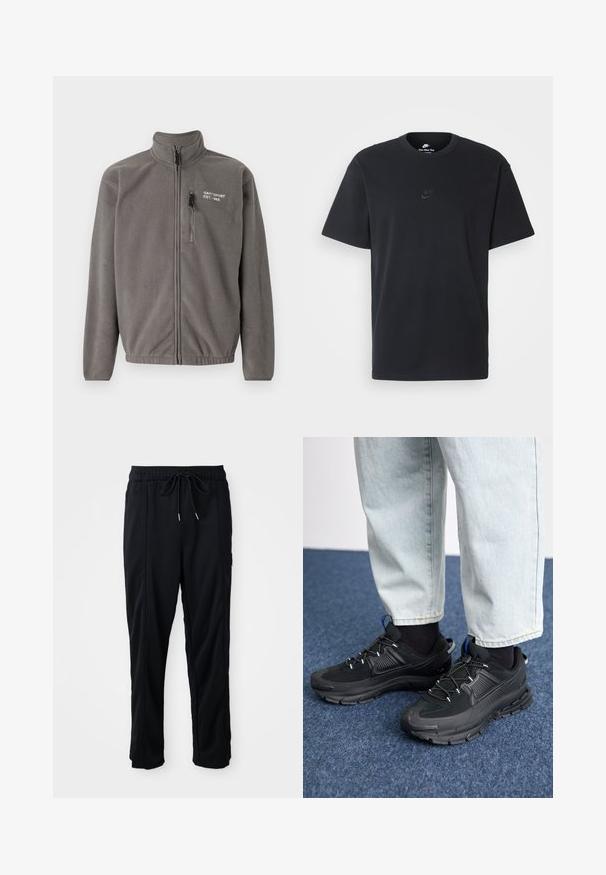 Grau Fleecejacke mit hohem Kragen, Frontreißverschluss und Seitentaschen. Strukturiert Oberfläche, minimalistisches Design, mit kleinem Logo auf der Brust.; Schwarzes Baumwoll-T-Shirt von Nike mit klassischem Rundhalsausschnitt, kurzen Ärmeln und einem dezenten, geprägten Logo auf der Brust. Glatte Textur.; Schwarze lässige Hosen mit Kordelzug und seitlichen Eingrifftaschen sowie geradem Bein auf einem einfarbigen Hintergrund.; Schwarze Sportschuhe aus strukturiertem Stoff mit Gummisohlen, ausgestattet mit elastischen Schnürsenkeln und einem blauen Akzent an der Ferse. Getragen mit hellen Jeans.