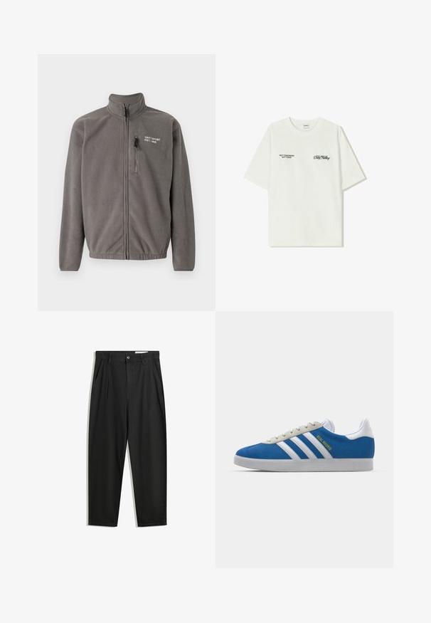 Sivá fleecová bunda s vysokým golierom, predným zipsom a bočnými vreckami. Textúrovaný povrch, minimalistický dizajn, s malým logom na hrudi.; Biela bavlnená tričko s krátkymi rukávmi. Na prednej časti je čierny text: "NIE ZAJTRA NIE DNES" a "UMENIE HLINENIA" v zelenej skripte.; Čierne bavlnené nohavice s voľným strihom, s klasickým pásom, prednými záhybmi a bočnými vreckami. Hladká textúra bez vzorov.; adidas Originals ADIDAS GAZELLE SHOES - Halové kopačky - real madrid/bluebird/footwear white/crew yellow