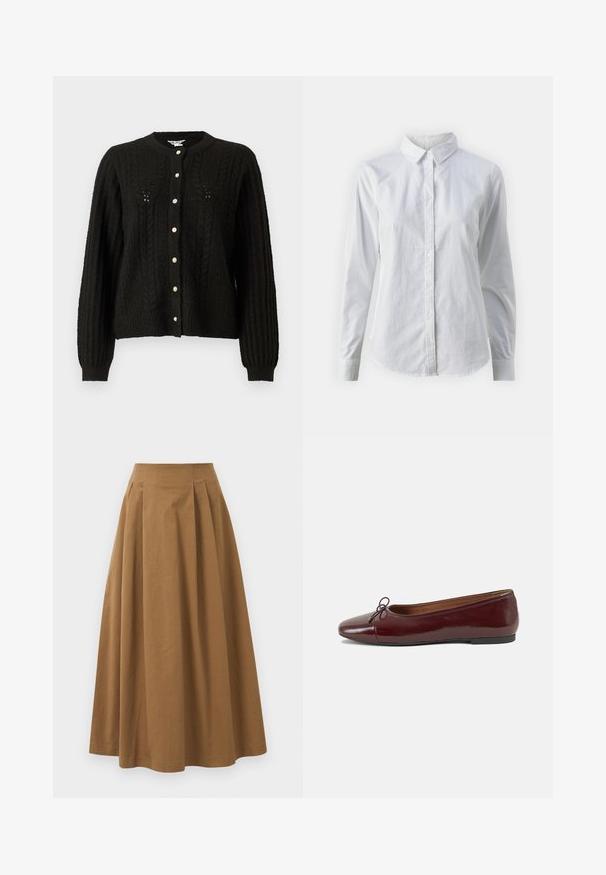 Crna pletiva kardigan s okruglim izrezom, dugim rukavima i zlatnim dugmadi koji se kopčaju sprijeda. Teksturirani pleteni uzorak.; Bjela košulja na dugih rukava od glatkog pamuka, s klasičnom kragnom i zakrivljenim rubom. Dugmad su mala i bijela.; Smeđa pamučna suknja A kroja s visokim strukom, koja ima nabore sprijeda i glatku teksturu. Završetci donjeg ruba su čisti i jednostavni.; Burgundska lakirana balerinka s zaobljenim vrhom, malim mašnom sprijeda i niskom, crnom gumenom potplatu. Glatka tekstura.