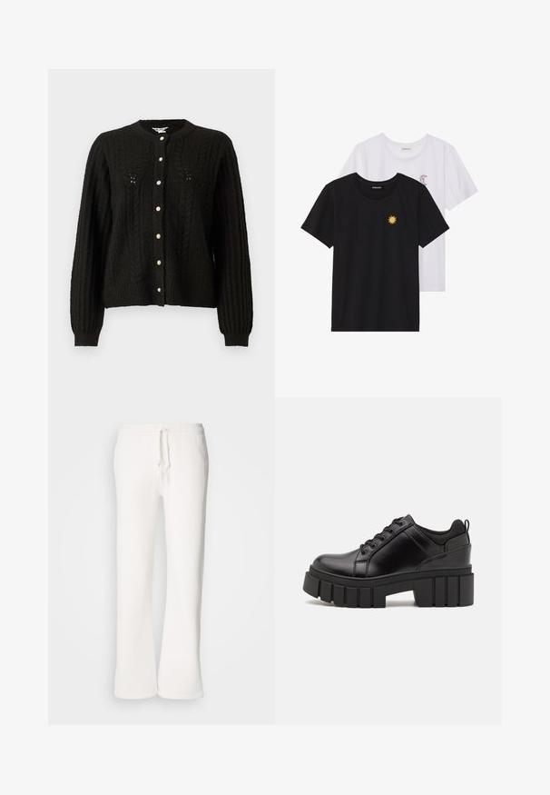 Black cable-knit cardigan featuring a round neckline, long sleeves, and gold-tone button closures along the front. Textured knit pattern.; Black and white T-shirts, round neck, short sleeves. Black shirt features yellow sun embroidery; white has purple crescent moon accent.; White, relaxed-fit sweatpants made of soft fabric, featuring an elastic waistband with a drawstring and straight-leg design.; Black leather platform shoes with a chunky block heel, round toe, and traditional lace-up design. Features smooth texture and minimal detailing.