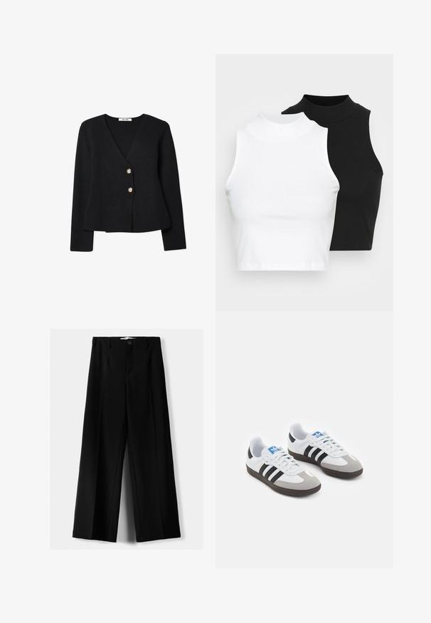 Zwarte gebreide cardigan met een V-hals, voorzien van twee gouden knopen en een licht uitlopende zoom. Zachte textuur en lange mouwen.; Twee mouwloze ribgebreide coltruien in zwart en wit, met een slim fit ontwerp en een gladde textuur, met een cropped lengte.; Zwarte wijde broek van lichtgewicht stof, met een knoopsluiting aan de voorkant en een vlakke achterkant, afgewerkt met keurig gestikte zoom.; Sportschoenen met een witte leren bovenkant, grijze suède neus en drie zwarte strepen. Bevat een blauw logo op de tong en een gestructureerde rubberen zool.