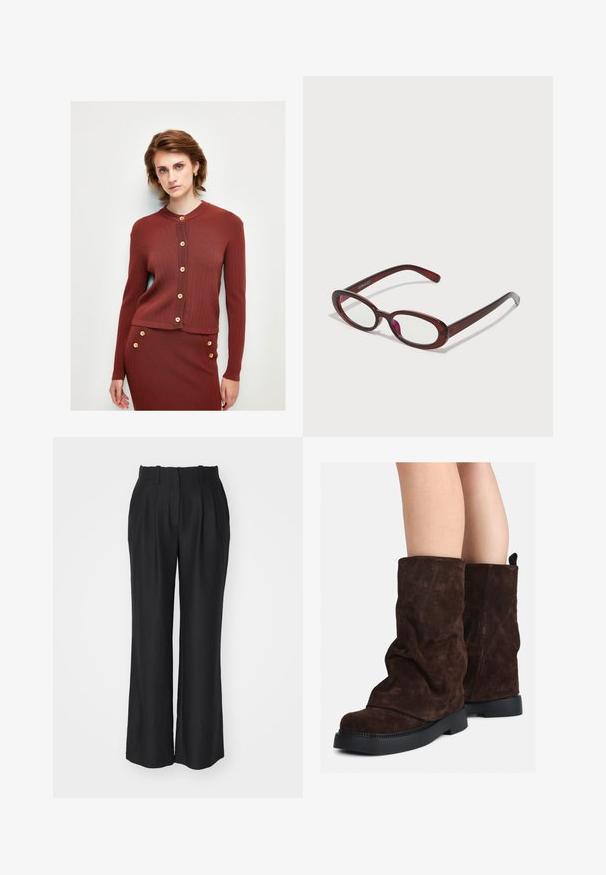 Rippstrickjacke in rostfarben mit langen Ärmeln, rundem Ausschnitt und Holzknöpfen auf der Vorderseite. Weicher Stoff, taillierte Passform.; Beige Langarmhemd aus Baumwolle mit einer Knopfleiste, spitzem Kragen und einer einzelnen Brusttasche. Weicher Stoff, entspannte Passform.; Schwarze weit geschnittene Hose mit hohem Bund, ausgestattet mit Falten, aus einem glatten, strukturierten Stoff gefertigt, mit geradem Schnitt am Saum.; Braune Wildleder-Stiefel bis zur Wade mit schwarzen Gummisohlen, die an nackten Beinen getragen werden und leichte Faltenbildung an den Schafthaltern aufweisen.; Ovale rote Sonnenbrillen mit klaren Gläsern und schlanken braunen Fassungen. Das Design weist sanfte Kurven und minimalen Hardwareeinsatz auf.