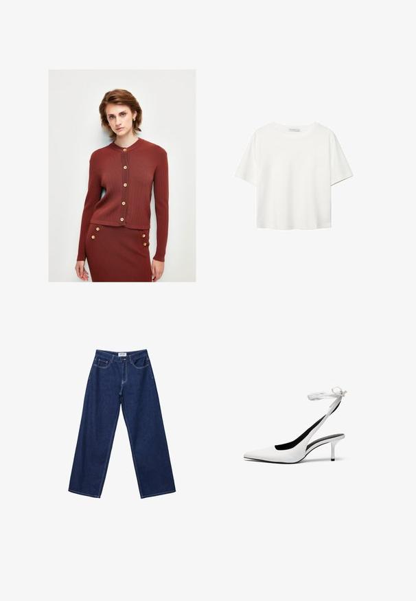 Hladký, rezavě zbarvený svetr s dlouhými rukávy, kulatým výstřihem a dřevěnými knoflíky vpředu. Měkká textura, přiléhavý střih.; Bílý krátký rukáv tričko vyrobené z bavlny. Má kulatý výstřih a volný střih. Hladký materiál bez viditelných vzorů nebo akcentů.; Široké tmavě modré džíny z denimu s knoflíkovým zapínáním, pěti kapsami a kontrastním bílým šitím. Tkanina má hladký, mírně texturovaný povrch.; Bílé lodičky s špičatou špičkou a s otevřenou patou, opatřené tenkým páskem kolem kotníku. Hladký kožený materiál, tenký jehlový podpatek a černé vnitřní podšívka.