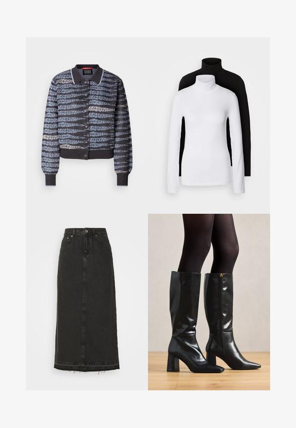 Neuletakki, jossa on kaulus, ja jossa on vaalean- ja tummansinisiä lehtimäisiä kuvioita, napit ja ribbireunat hihansuissa ja helmassa.; Kaksi pitkähihasta turtleneck-paitaa, yksi valkoinen ja yksi musta, valmistettu sileästä, joustavasta kankaasta. Molemmissa on kapean muotoinen malli ja korkea kaulus.; Musta farkku midi-hame, jossa on istuva vyötärö, etupainonappi suljenta ja runneltu helma. Sisältää klassisen viiden taskun muotoilun ja kevyen tekstuurin.; Mustat nahkasaappaat, jotka ulottuvat polven yli, kiiltävän pinnan kanssa, terävä kärki ja paksu kantapää. Sivuvetoketju helpottamassa pukemista.