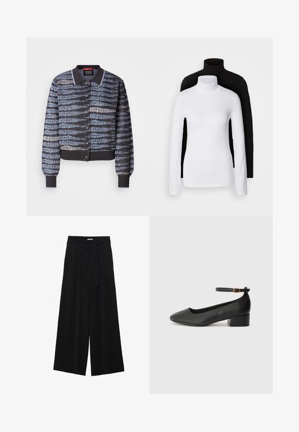 Kootud jakk kraega, millel on helesiniste ja tumesiniste lehekujunditega muster, nööbiliistu klõpsknööbid ja soonikkoes varrukate ning alumise osa äär.; Kaks pikka varrukat turtleneck tippi, üks valge ja teine must, valmistatud siledast, venivast kangast, mõlemad slim-fit disainiga ja kõrgete kraedega.; Mustad laiad püksid, millel on tekstureeritud kangas, elastne vöökoht ja eemaldatav pael vööst, et reguleerida sobivust.; Must mustaapp, millel on terav nina ja madal blokk-kand. Omab pahkluu rihma koos kuldse tooni pandlaga. Sile tekstuur.