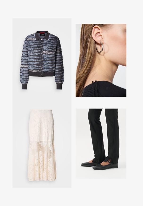 Pleteni jopič s ovratnikom, ki ima vzorec svetlo in temno modrih listnatih oblik, pritiskače in rebraste manšete ter rob.; Črn top brez rokavov, izdelan iz mehkega, raztegljivega materiala. Ima okrogel ovratnik in široke naramnice, s prilagojeno silhueto in gladko teksturo.; Cvečni čipkast midi krilo v kremni barvi; vključuje plasten dizajn s prosojnimi sekcijami, teksturiranim čipkastim materialom in razširjenim robom.; Črne usnjene balerinke s koničastim nosom, trak z srebrno zaponko, v kombinaciji s črnimi elegantnimi hlačami z razporkom na robu.; Srebrna obročasta uhana s polirano površino, ki vključuje majhne zlate poudarke in okroglo obliko, nošena na ušesnem lobu.