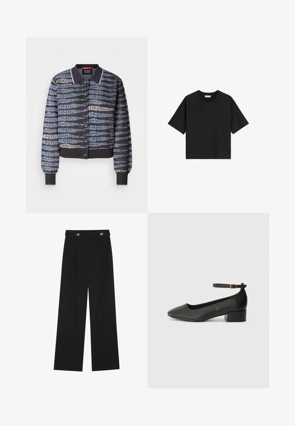 Chaqueta de punto con cuello, que presenta un patrón de diseños en forma de hoja en azul claro y oscuro, botones de presión y puños y dobladillo acanalados.; Camiseta de algodón negra con mangas cortas, cuello redondo y un corte relajado. Textura suave y diseño liso sin patrones ni adornos.; Pantalones de pierna ancha negros con cintura alta, detalles de botones en la cinturilla y pliegues en la parte delantera.; Zapato de tacón negro de cuero con punta afilada y tacón bajo cuadrado. Presenta una correa para el tobillo con una hebilla en tono dorado. Textura suave.