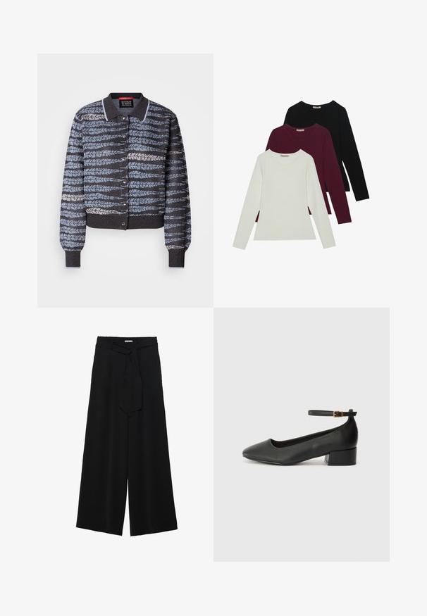 Adīta jaka ar apkakli, kas rotāta ar gaišo un tumšo zilo lapu formas rakstu, ar kniedēm un ribotām piedurknēm un apakšmalu.; Garās piedurknes T-krekli baltā, bordo un melnā krāsā. Izgatavoti no mīkstas auduma ar apaļu kakla izgriezumu un pieguļošu dizainu. Piemēroti kā slāņošana.; Melni platleņķa bikses ar teksturētu audumu, elastīgu jostu un noņemamu siksnu viduklī, kas nodrošina regulējamu piegulšanu.; Melnas ādas sūkņi ar smailu purngalu un zemu bloku papēdi. Iezīmēts ar potītes siksniņu ar zelta krāsas sprādzi. Gluda tekstūra.