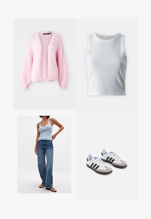 Vero Moda VMMAYBE OPEN CARDIGAN - Cardigan - parfait pink; Hvid ribbet tanktop med rund halsudskæring og ærmeløs design, med en lige kant og en glat, strækbar tekstur.; Lyseblå ribbet tanktop parret med falmede blå brede bukser. Har tynde stropper, en scoop halsudskæring og enkle klipklapper.; Sportsko med en overdel i hvid læder, grå ruskind på tåen og tre sorte striber. Har et blåt logo på tungen og en struktureret gummisål.