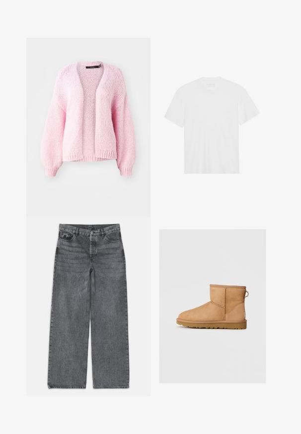 Vero Moda VMMAYBE OPEN CARDIGAN - Strickjacke - parfait pink; Weißes Baumwoll-T-Shirt mit kurzen Ärmeln, Rundhalsausschnitt und geradem Saum. Glatte Textur, minimalistisches Design ohne Muster oder Akzente.; Weite Jeans in dunkelgrauem Denim. Verfügt über eine hohe Taille, ein Fünf-Taschen-Design und einen Frontknopfverschluss. Glatte Textur mit subtilen Auswaschungen.; Hellbraune Wildleder-Stiefeletten mit runder Zehenpartie, genähten Details, Ziehschlaufe an der Rückseite und einer strukturierten Gummisohle. Entwickelt für Komfort und Wärme.