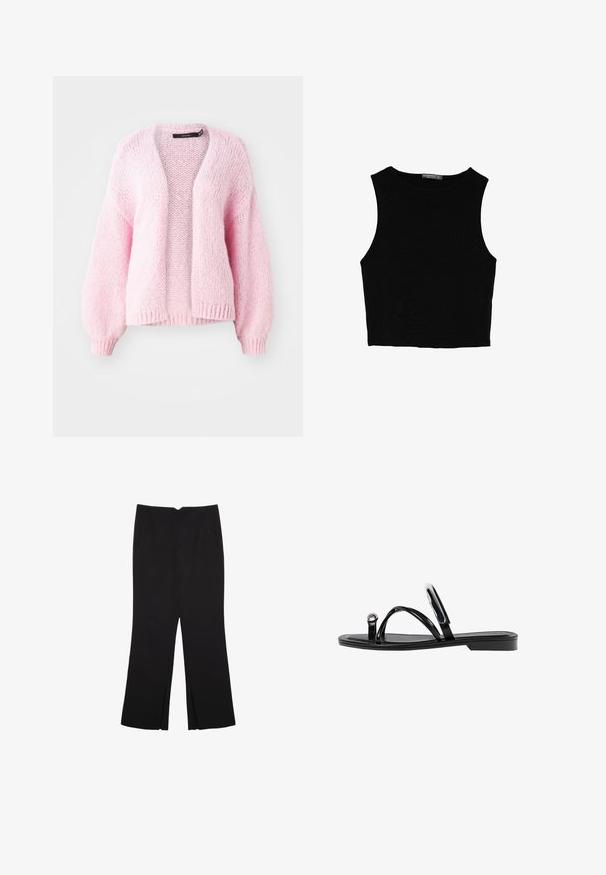 Vero Moda VMMAYBE OPEN CARDIGAN - Strickjacke - parfait pink; Schwarzes ärmelloses Crop-Top aus glattem Stoff, mit rundem Ausschnitt und einem klaren, schlichten Design ohne Muster oder Beschläge.; Schwarze Hose mit geradem Schnitt, ausgestattet mit Fronttaschen und Seitenschlitzen am Saum. Hergestellt aus weichem, glattem Stoff. Geeignet für verschiedene Anlässe.; Schwarze flache Sandalen mit glänzender Oberfläche, drei dünnen Riemen und einem runden Hardware-Detail an den Zehen. Elegantes Design mit einem minimalen Absatz.
