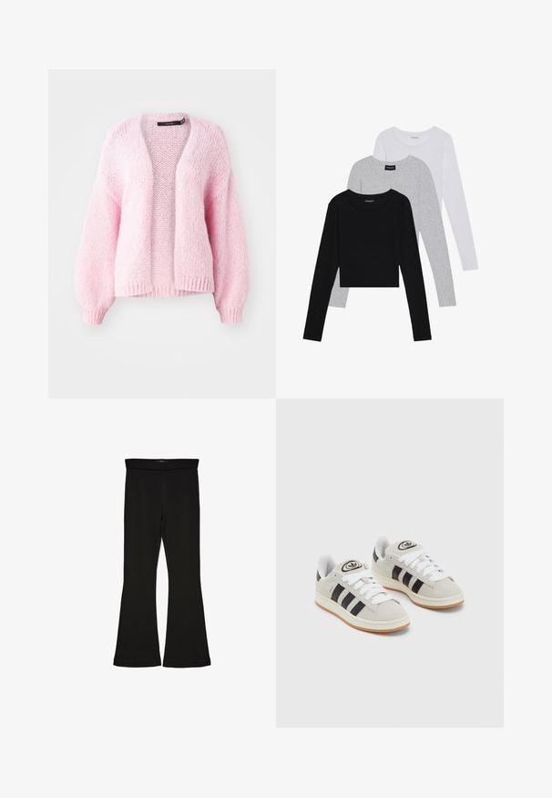 Vero Moda VMMAYBE OPEN - Vest - parfait pink; Drie langmouwige tops gestapeld: zwart, grijs en wit. Elke top heeft een ronde halslijn en een cropped ontwerp van soepel, lichtgewicht materiaal.; Zwarte flare leggings gemaakt van rekbaar materiaal. Beschikt over een brede tailleband en een zachte textuur, met een getailleerd silhouet dat uitloopt bij de zoom.; Grijze nubucklederen sneakers met witte veters, zwarte strepen en een witte rubberen zool. Bevat een rond logo op de tong en een gumzool.