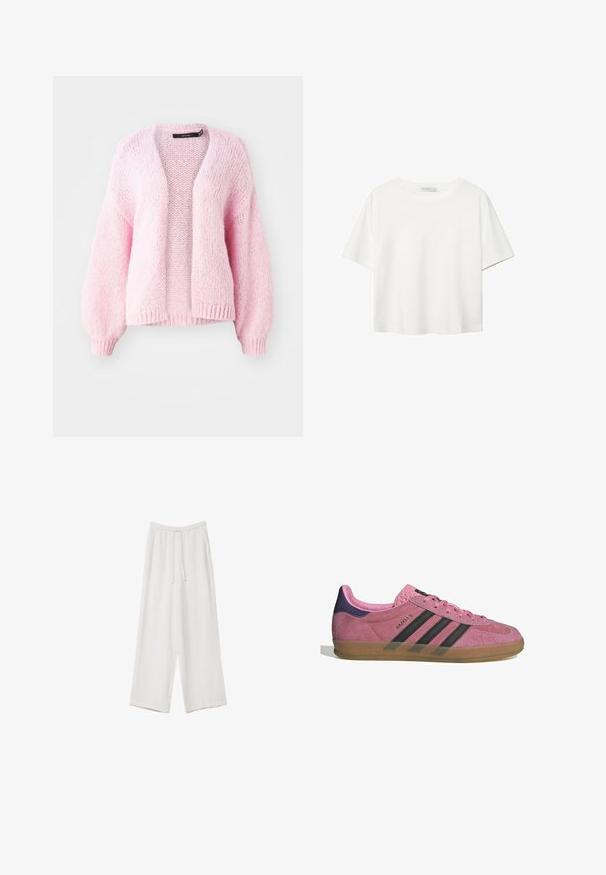 Vero Moda VMMAYBE LS OPEN NOOS - Strickjacke - parfait pink; Weißes T-Shirt mit kurzen Ärmeln aus Baumwolle. Hat einen Rundhalsausschnitt und eine lockere Passform. Glatte Textur ohne sichtbare Muster oder Akzente.; Weiße weit geschnittene Hose aus leichtem Stoff. Mit einem elastischen Bund und Kordelzug sowie Seitentaschen. Glatte Textur.; Rosa Wildleder-Sneaker mit schwarzen Streifen, Gummisohle und strukturiertem lila Fersenbereich. Verfügt über ein Schnürdesign und geprägte Markenkennzeichnung an der Seite.