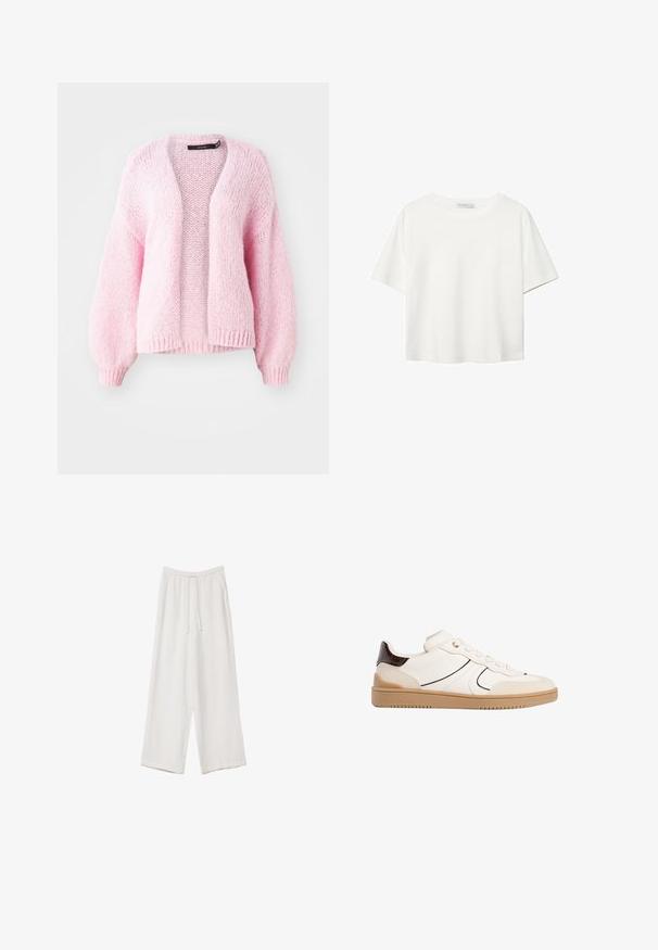 Vero Moda VMMAYBE OPEN CARDIGAN - Kardigán - parfait pink; Biela krátkopsová tričko vyrobené z bavlny. Má okrúhly výstrih a voľný strih. Hladká textúra bez viditeľných vzorov alebo akcentov.; Biele široké nohavice vyrobené z ľahkej tkaniny. Obsahujú elastický pás so sťahovacou šnúrkou a bočné vrecká. Hladká textúra.; Stradivarius Tenisky - white