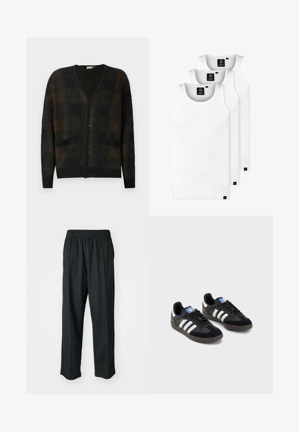 Černý a hnědý károvaný kardigan s výstřihem do V, čtyřmi knoflíky na zapínání, dvěma předními kapsami a žebrovanými lemy na rukávech a spodním okraji z měkké texturované látky.; Tři bílé žebrované tílka vyrobené z bavlny. Mají kulatý výstřih a malé černé štítky poblíž lemu. Dostupné v několika velikostech.; Černé sportovní kalhoty s elastickým pasem, vyrobené z hladké látky, s jemným bočním švem a pohodlným střihem, rovný střih nohavic.; Černé tenisky s vrškem z semiše a syntetického materiálu, s třemi bílými pruhy, texturovanou gumovou podrážkou a modrou nášivkou loga na jazyku.