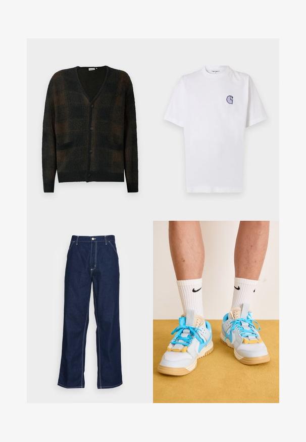 Zwart-bruine geblokte cardigan met V-hals, sluiting met vier knopen, twee voorkanten zakken en geribbelde manchetten en zoom in zacht, gestructureerd stof.; Wit katoenen T-shirt met korte mouwen, ronde hals en een klein, geborduurd blauw "C"-logo op het linker borstgebied.; Donkerblauwe denim broeken met wijde pijpen, met een hoge taille, voorzakken en contrasterende witte stiksels langs de naden.; Lichtblauwe sneakers met tan kleurige zolen, uitgerust met opvallende turquoise veters en gele accenten. Textuurmaterialen en zichtbare luchtkussens.