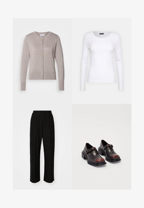 Lindex ANNA - Adīta jaka - light brown melange; Balts ribots garām piedurknēm krekls ar apaļu kakla izgriezumu. Izgatavots no elastīga auduma, kas pieguļ ķermenim. Iezīmējas ar smalkām horizontālām līnijām.; Melna, plaša kāju bikses ar baltām vertikālām svītrām, ar elastīgu jostu komfortam un gludu, mīkstu tekstūru.; Ādas blokveida papēžu kurpes ar spīguļojošu tumši sarkanu apdari, aprīkotas ar sprādzi un noapaļotu purngali. Teksturēts zole labākai saķerei.