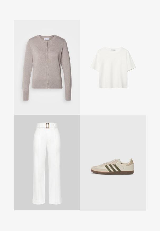 Lindex ANNA - Jopica - light brown melange; Bela kratka majica s kratkimi rokavi iz bombaža. Ima okroglo izrezovanje in sproščen kroj. Gladka tekstura brez vidnih vzorcev ali poudarkov.; Bele široke hlače iz bombaža. Imajo visok pas z veliko pravokotno zaponko in šivane detajle vzdolž hlačnic.; adidas Originals SAMBA OG UNISEX - Športni copati - alumina/medium dark khaki/gum