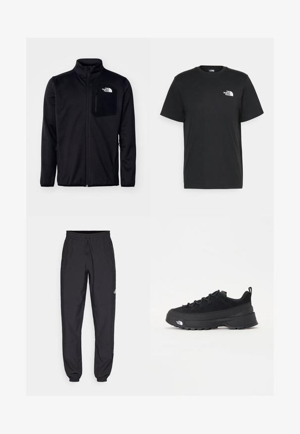 Zwarte ritsjack met hoge kraag, textielstof, zijzakken en een borstzak met een logo. Glad afwerking en lichtgewicht ontwerp.; Zwarte katoenen T-shirt met korte mouwen, ronde hals en een klein wit logo op de linkerkant van de borst. Eenvoudig ontwerp, gladde textuur en een comfortabele pasvorm.; Zwarte sportieve broek gemaakt van lichtgewicht stof, met een trekkoord in de taille, zijzakken en taps toelopende boorden bij de enkels.; Zwarte outdoor sneaker met een suede bovenkant, een gestructureerde rubberen zool en een stevig vetersysteem. Heeft een versterkte hiel en een merklogo aan de zijkant.