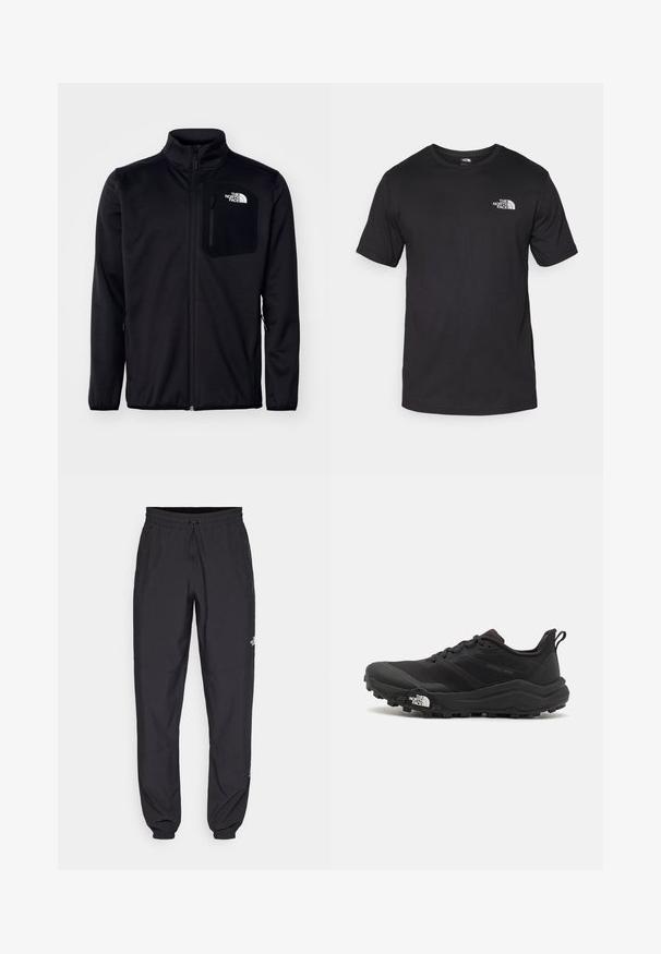 Must mustaga, millel on kõrge kaelus, tekstureeritud kangas, küljekotid ja rinnakott logoga. Sujuv viimistlus ja kerge disain.; Must have lühikeste varrukatega must T-särk, mis on valmistatud puuvillast, ümmarguse kaelusega ja väikese valge logoga vasakus ülanurgas.; Mustavad sportlikud püksid, mis on valmistatud kergest kangast, joonlauaga taljest, küljetaskudega ja kitsenevate varrukatega pahkluude juures.; Must tume jooksujalats musta värvi, tekstuurse ülemise osaga, kummist tallaga ja tugevdatud varbaga. Omab pehmendusega krae ja tõmblinti mugavaks selga panemiseks.