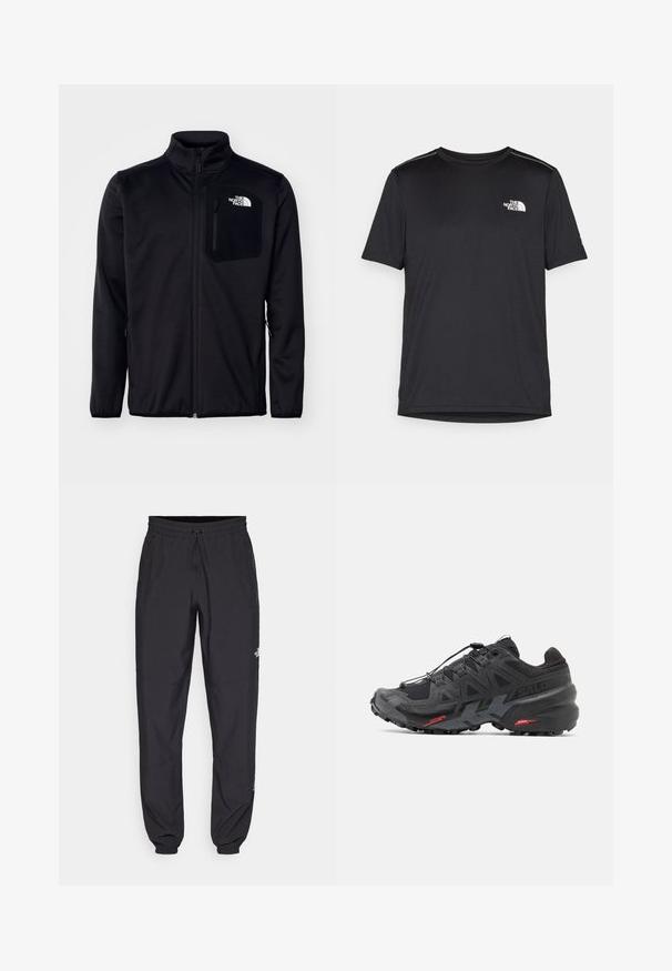 Must mustaga, millel on kõrge kaelus, tekstureeritud kangas, küljekotid ja rinnakott logoga. Sujuv viimistlus ja kerge disain.; Must mustaöödiga must T-särk, mis on valmistatud kerge riidekanga. Esiküljel on vasakul rinnal väike valge logo ning õlgadel on peened aktsendid.; Mustavad sportlikud püksid, mis on valmistatud kergest kangast, joonlauaga taljest, küljetaskudega ja kitsenevate varrukatega pahkluude juures.; Mustad mustus jooksujalats sünteetilisest ülemisest, tekstuurse disaini ja kontrastsete punaste aktsentidega. Omab kinnitatud nöörisüsteemi ja karmist alaosa.