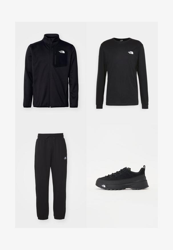 Fekete cipzáras dzseki magas gallérral, texturált anyagból, oldalsó zsebekkel és logós mellzsekkel. Simább felület és könnyű kivitel.; Fekete, hosszú ujjú pamut póló, bal mellrészen fehér logóval és bordázott mandzsettákkal. Sima textúrájú, kerek nyakkivágással.; Fekete melegítőnadrág puha anyagból, elasztikus derékrésszel, húzózsinórral, szűkített bokákkal és egy kis logóval a comb felső részén.; Fekete kültéri sneaker velúr felsőrésszel, texturált gumitalppal és strapabíró fűzőrendszerrel. Megerősített sarkú és oldalán márkalogóval rendelkezik.