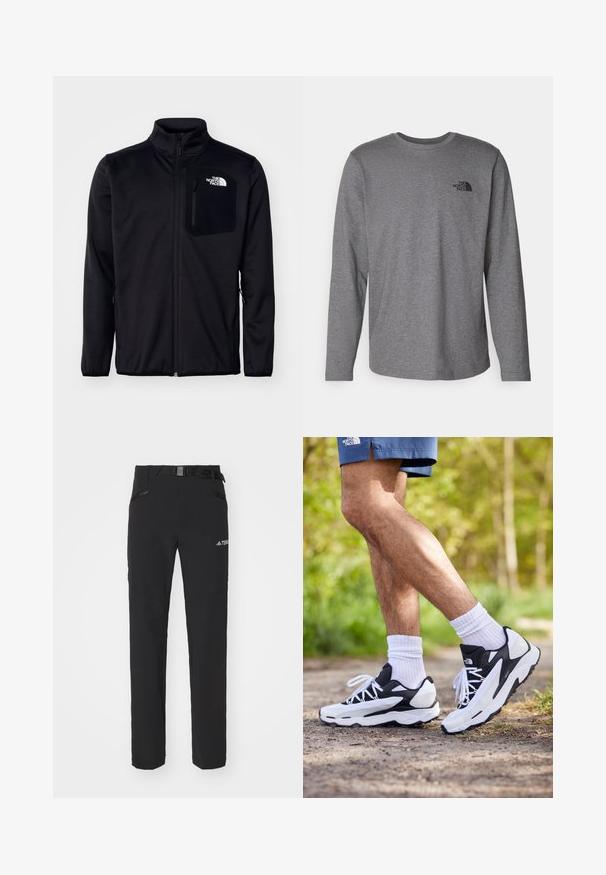 Sort zip-jakke med højt krave, tekstureret stof, sidelommer og en brystlomme med logo. Glat finish og letvægtsdesign.; The North Face M L/S SIMPLE DOME TEE - Langærmet T-shirt - medium grey heather; Sorte udendørsbukser med glat stof, sidelommer med lynlås, forstærkede knæsektioner og en justerbar talje med spænde.; Sorte og hvide sportsko med mesh-overdel, teksturerede accenter og hvide snørebånd. Båret med hvide ankelstrømper og marineblå shorts på en sti.