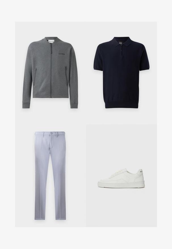 Šedá mikina na zips vyrobená z mäkkého materiálu, s rebrovanými manžetami a dvoma bočnými zipsovými vreckami. Logo "CLOSED" na ľavej časti hrude.; Tmavomodrá polokošela vyrobená z pleteného materiálu s krátkym zipsovým výstrihom, krátkymi rukávmi a priliehavým lemom. Obsahuje jemnú štruktúru.; Svetlošedé nohavice na mieru vyrobené z hladkej tkaniny, so zapínaním na gombík, pútkami na opasok a strihom s rovnými nohavicami. Žiadne viditeľné vrecká.; Biele kožené tenisky s hladkým povrchom, okrúly špičkový dizajn, ploché šnúrky a textúrovaná podrážka. Obsahujú jemné logo na päte.
