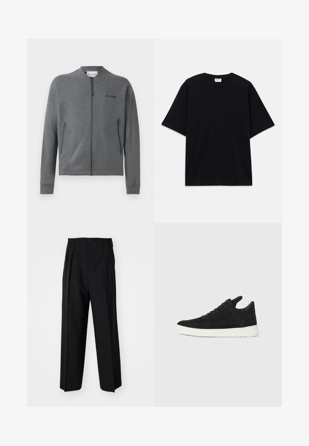 Gray zip-up sweatshirt made of soft fabric, featuring ribbed cuffs and two side zip pockets. Logo "CLOSED" on the left chest area.; Black short-sleeve oversized T-shirt with round neckline and visible Filippa K brand label inside the collar.; Black pleated trousers with a straight, wide-leg design. Made from smooth fabric, featuring a button closure and belt loops.; Black suede sneaker with a white rubber sole, featuring tonal stitching and lace-up design. Smooth texture with a modern, streamlined shape.