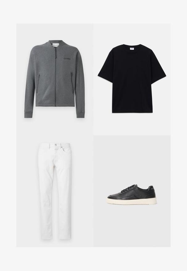 Felpa grigia con zip realizzata in tessuto morbido, con polsini a coste e due tasche laterali con zip. Logo "CLOSED" sulla zona sinistra del petto.; T-shirt oversize nera a maniche corte con scollatura rotonda e etichetta del marchio Filippa K visibile all'interno del colletto.; Jeans bianchi a gamba dritta in denim, con cinque tasche, chiusura con bottone e una vestibilità classica con trama minima.; Sneaker in pelle nera con finitura texturizzata, punta rotonda e suola piatta in gomma bianca. Presenta lacci neri e un logo sul tallone.