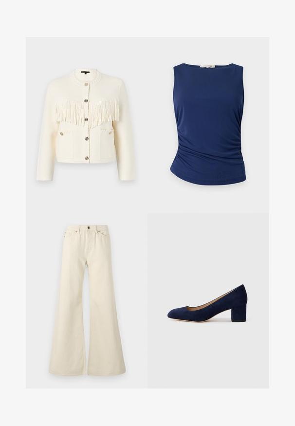 Cardigan alb tricotat cu detalii texturate de franjuri, guler rotund, cinci nasturi și două buzunare frontale cu cusături decorative.; Top fără mâneci de culoare bleumarin, realizat dintr-un material neted și elastic. Prezintă detalii cu pliuri pe lateral și un tiv rotunjit pentru un aspect ajustat.; Jeans flared de culoare bej deschis, din bumbac. Au talie înaltă, cinci buzunare și un sistem de închidere cu buton, cu detalii de cusătură în contrast.; Pantof cu toc din suede bleumarin, cu vârful ascuțit și un toc de înălțime medie în formă de bloc. Textură netedă cu o strălucire subtilă și o mică decupare în față.