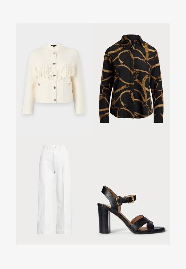 Witte gebreide cardigan met een textuurfranje-detail, ronde halslijn, vijf knopen en twee voorzakken met decoratieve stitching.; Zwart overhemd met lange mouwen met een gouden kettingpatroon, voorzien van een kraag en knoopsluiting. Glad materiaal met een ontspannen pasvorm.; Witte wijde broek met een hoge taille, voorzien van een knoopsluiting en subtiele stiksels. Gemaakt van katoen met een gladde textuur.; Zwarte leren sandaaltjes met hak, voorzien van een kruisbandontwerp en een sluiting met gesp. Kenmerkt zich door een chunky hak en een gladde textuur.
