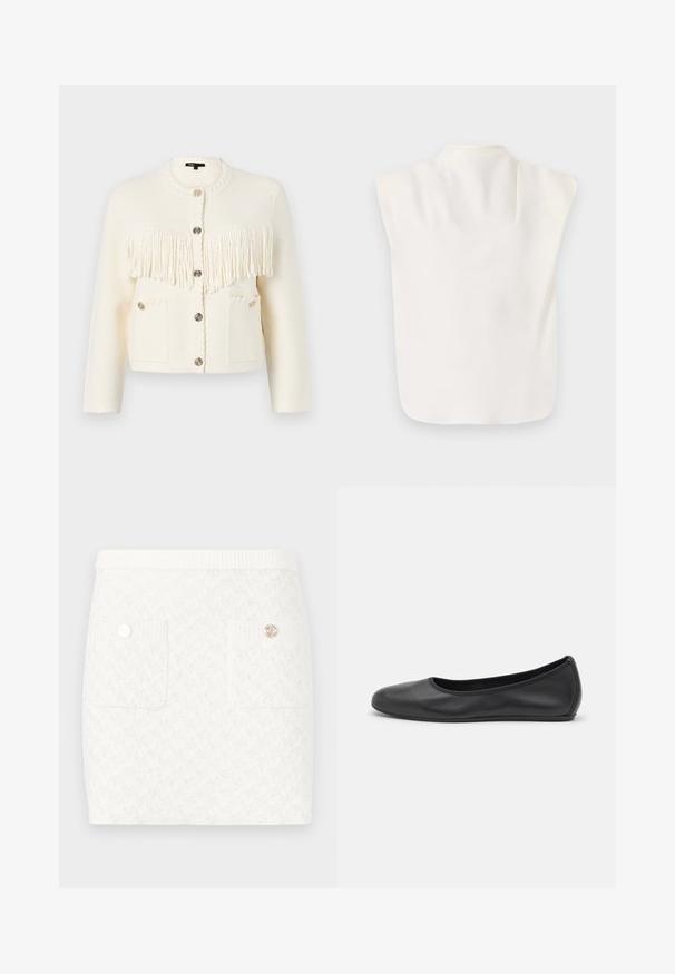 Weißer gestrickter Cardigan mit strukturiertem Fransen-Detail, Rundhalsausschnitt, fünf Knöpfen und zwei Fronttaschen mit dekorativer Stickerei.; Weißes ärmelloses Top mit hohem Halsausschnitt und glatter, weicher Textur. Verfügt über ein asymmetrisches Design mit abgerundeten Kanten am Saum.; Kurzer weißer Rock mit strukturiertem Muster, ausgestattet mit zwei Fronttaschen und dekorativen Knöpfen in Goldoptik. Elastischer Bund für zusätzlichen Komfort.; Schwarze Leder-Ballettschuhe mit abgerundeter Spitze, glatter Textur, minimalen Nähdetails und einem flexiblen Sohlen-Design.