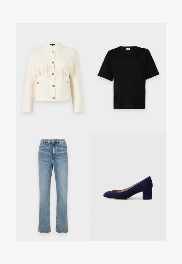 Valge kudumiga kardigan, millel on tekstuuriga frantsi detail, ümar kaelus, viis nuppu ja kaks esikäe taskut, millel on dekoratiivne õmblus.; Must t-särk lühikeste varrukatega, mugavas lõikes, pehmest kangast, ümmarguse kaelusega ja ilma silmapaistvate mustrite või aktsentideta.; Heled sinine teksapüksid sirge lõikega, kõrge talje, esiküljel nööbi sulgemine ja klassikaline viie tasku stiil. Sile tekstuur.; Tumesinise sametist kõrge kontsaga king, millel on terav nina ja keskmise kõrgusega plokk-konts. Sile tekstuur kerge sädelusega ja ees väike lõige.