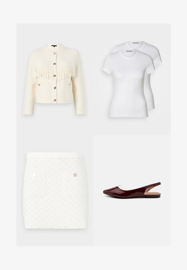 Fehér kötött kardigán textúrált bojt részletekkel, kerek nyakkivágással, öt gombbal és két elülső zsebbel, díszöltésekkel.; Két fehér pamut póló rövid ujjal, kerek nyakkivágással és karcsú szabással, sima textúrával és minimalista dizájnnal.; Rövid fehér szoknya texturált mintával, két elülső zsebbel és díszítő aranyszínű gombokkal. Rugalmas derékpánt a kényelem érdekében.; Burgundy színű lakk slingback balerina cipők hegyes orral, átlátszó kivágással és lapos fekete talppal. Sima textúra, minimalista dizájn.