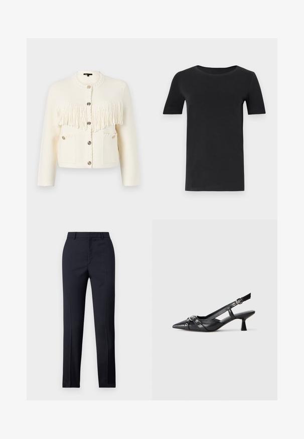 Bela pletena kardigan z teksturiranim robom, okrogla izreza, pet gumbov in dvema sprednjima žepoma z dekorativnim šivanjem.; Črna kratka majica s kratkimi rokavi, izdelana iz mehkega bombaža, z okroglo ovratnico in klasičnim krojem. Gladka tekstura, brez vzorcev ali okraskov.; Zadnje hlače v mornarično modri barvi s ravnim krojem, ki imajo gladko teksturo, dve sprednji žepki in čisto pasnico.; Črne usnjene sandale središnje zaponke z ostro konico, okrasnimi trakovi z kovinskimi očesi in nizko blokasto peto. Teksturirana površina.