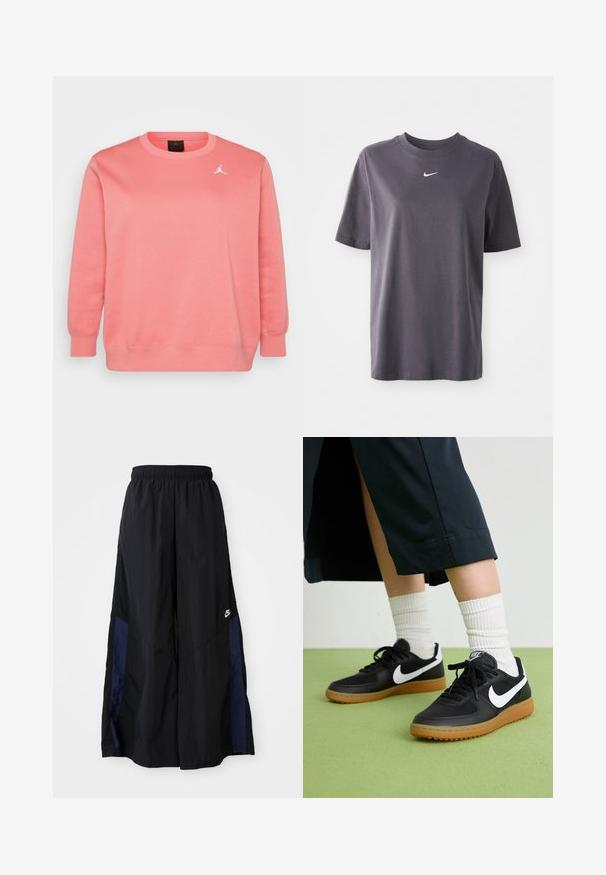 Sweatshirt coral feito de um tecido macio, com gola redonda, mangas longas e um pequeno logotipo branco no peito.; T-shirt cinza escuro de manga curta, feito de algodão suave, com um pequeno logótipo branco da Nike em forma de swoosh no peito e um clássico decote redondo.; Calças largas pretas feitas de tecido leve, com um painel lateral azul-marinho e cintura elástica. Pequeno logótipo branco na parte inferior.; Sapatilhas pretas em couro e sintético com o logo da Nike em branco, sola de borracha tipo goma, bico redondo e atacadores pretos. Meias brancas com frunces visíveis.