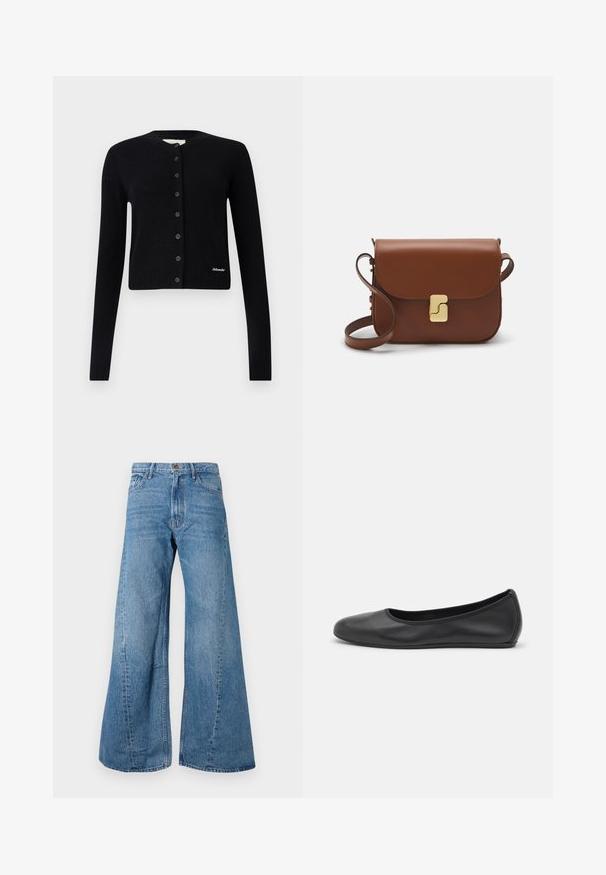 Svart kofta i mjukt material med rund hals, långa ärmar, knappstängning och ribbat nederkant. Litet logotypdetalj i botten.; Vit bomulls t-shirt med rundad halsringning och korta ärmar, med en avslappnad passform och minimalistisk design. Etikett synlig vid nacken.; Breda blå denimjeans med hög midja, som har klassisk femficksdesign och lätt blekning för textur.; Svart läderballerinaskor med rund tå, slät yta, minimala söm detaljer och en flexibel sula.; Brun läderhandväska med klaffstängning, guldfärgad hårdvara, axelrem och en slät yta. Kompakt rektangulär form.