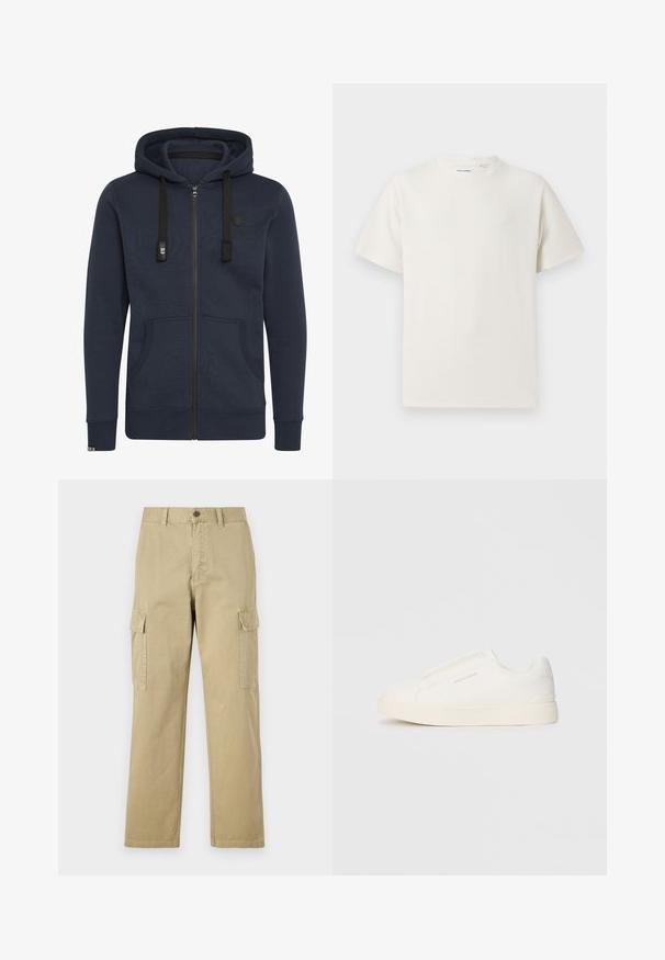 Tamsiai mėlynas zip-up džemperis, pagamintas iš minkštos medžiagos; turi gobtuvą, raištelius, dvi priekinės kišenes ir megztas rankoves.; Balta trumpa rankovė T-polo marškinėlių su juostelėmis tekstūra. Apvalus iškirpimas, laisvas fasonas, jokių matomų raštų ar akcentų. Paprastas ir universalus dizainas.; Kreminės spalvos cargos kelnės, pagamintos iš medvilnės, su dviem šoninėmis kišenėmis, mygtukų užsegimu ir tiesiomis kojomis, šiek tiek tekstūruotu audiniu.; Baltos slip-on sportbačiai su tekstūruota paviršiumi, storesniu padu ir minimalistišku dizainu. Šone matosi prekės ženklo logotipas.
