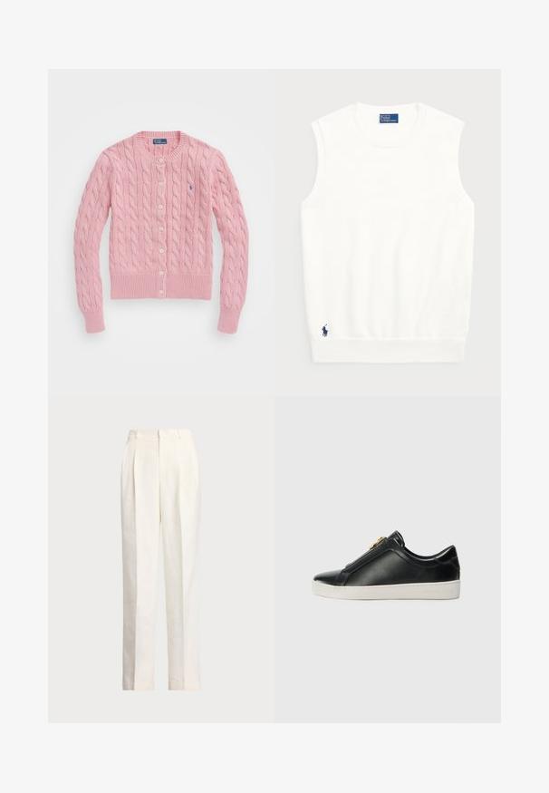 Rosa stickad cardigan med ett kabelmönster, knappstängning, ribbade ärmslut och fåll, med en liten logotyp broderad på vänster sida.; Vit ärmlös sweater gjord av mjuk bomull, med en ribbad nederkant och en liten marinblå logga på nedersta vänstra delen. Enkelt design, utan mönster.; Polo Ralph Lauren HEMP WIDE LEG PANT - Tygbyxor - nevis; Svarta läderskor utan snörning med en upphöjd söm, silverdetaljer på ovandelen och en vit gummisula med präglad logotyp.