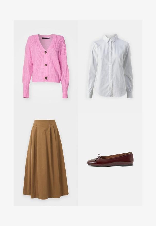 Vero Moda VMLEA V NECK CUFF CARDIGAN - Casaco de malha - pastel lavender; Camisa branca de botão feita de algodão suave, com colarinho clássico, mangas longas e bainha curva. Os botões são pequenos e brancos.; Saia A-line de algodão castanho com cintura alta, apresentando pregas na parte da frente e uma textura suave. As bordas da bainha são limpas e simples.; Bailarinas em couro sintético borgonha com bico redondo, pequeno laço na frente e sola baixa em borracha preta. Textura suave.