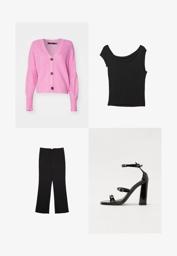 Vero Moda VMLEA V NECK CUFF - Kardigán - pastel lavender; Čierny krátky rukáv top vyrobený z hladkej tkaniny; má prehnutý výstrih a asymetrický lem, s priliehavým telom.; Čierne nohavice so strihom rovného strihu, s prednými vreckami a bočnými rozparkami na leme. Vyrobené z mäkkej, hladkej tkaniny. Vhodné na rôzne príležitosti.; Čierne lakované sandále na podpätku so štvorcovou špičkou, navlečenými remienkami okolo členku a striebornými prackami. Disponujú masívnym blokovým podpätkom pre stabilitu.