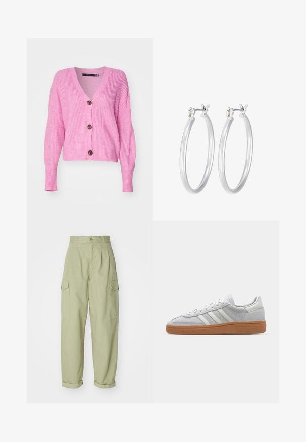 Vero Moda VMLEA V NECK CUFF CARDIGAN - Kardiganas - pastel lavender; Balta, raukšlėta ilgarankovė palaidinė su apvalia iškirpte. Pagaminta iš elastingos medžiagos, kuri prisitaiko prie kūno. Pasipuošusi subtiliomis horizontaliosiomis linijomis.; Šviesiai žali cargo tipo kelnės, pagamintos iš medvilnės audinio. Joms būdingas aukštas juosmuo, suktos galinės dalys ir dvi šoninės cargo kišenės, užtikrinančios papildomą patogumą.; Šviesiai pilki zomšiniai sportbačiai su baltais odiniais akcentais, trimis baltomis juostelėmis ir rudą guminę pada, turintys paminkštintą apykaklę patogumui.; Sidabriniai auskarai su sklandžiu, poliruotu paviršiumi. Apvalios formos ir saugus uždarymo mechanizmas. Lengvas dizainas, tinkantis kasdieniam dėvėjimui.