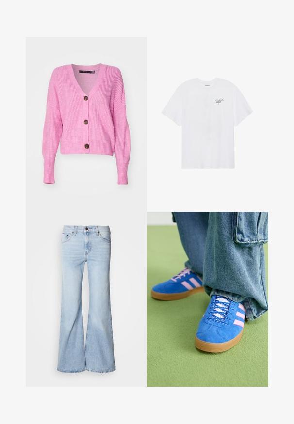 Vero Moda VMLEA V NECK CUFF CARDIGAN - Cardigan - pastel lavender; Even&Odd Print T-shirt - white; Light blue flared jeans, featuring a high waist, denim fabric, five pockets, and a button closure. The legs are wide and have a slightly faded finish.; Blue suede shoes with pink stripes and white laces, featuring a gum rubber sole, paired with loose denim pants on a green surface.