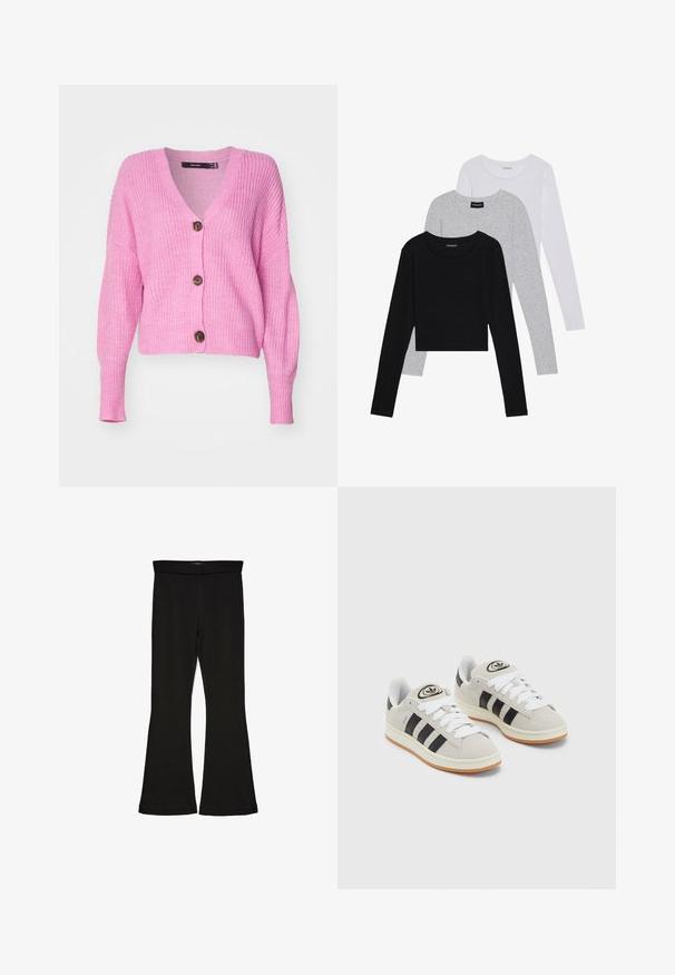 Vero Moda VMLEA V NECK CUFF CARDIGAN - Kofta - pastel lavender; Tre långärmade tröjor staplade: svart, grå och vit. Var och en har en rund halsringning och en kort design med mjukt, lätt material.; Svarta flare leggings tillverkade av elastisk tyg. Har en bred midja och en slät yta, med en åtsittande silhuett som flares vid fållen.; Grå mocka sneakers med vita snören, svarta ränder och en vit gummisula. Har en rund logo på tungan och en gummisula.