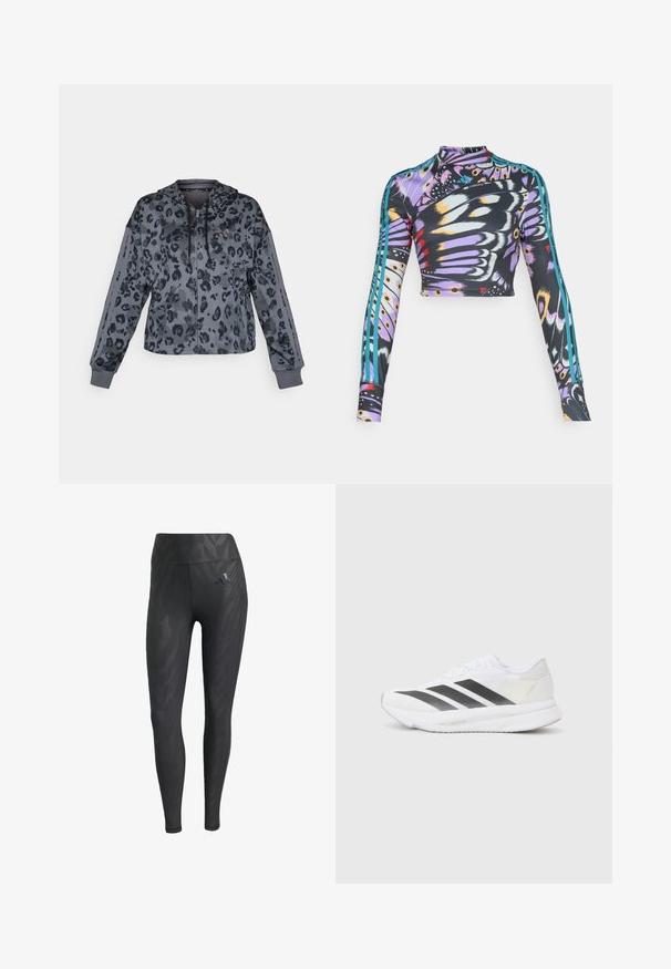 Hoodie cinzado cinza com estampa de leopardo preta, apresentando capuz com cordão, fecho de zip e detalhes pretos nas mangas.; Top atlético de manga longa e cropped com padrão colorido de asas de borboleta e detalhes em teal com três riscas nas mangas.; Leggings pretos com um padrão de zebra tonal, cintura alta, textura suave e um logo da Adidas no quadril esquerdo. Confeccionados em tecido elástico.; Shoe atlético branco com riscas diagonais pretas, parte superior em malha, bico arredondado e sola texturizada. Os destaques incluem um calcanhar prateado e um design minimalista.