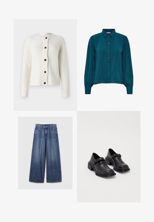Cardigan alb, texturat, cu guler rotund, șapte nasturi negri pe față și detalii cu nervuri pe mâneci și corp.; Bluză teal cu guler, închidere cu nasturi și mâneci lungi. Fabricată dintr-un material texturat, cu manșete plisate.; Blugi din denim albastru cu picioare largi, având un finisaj uzat, cu închidere prin buton și fermoar, cinci buzunare și curea.; Pantofi din piele neagră cu vârf rotunjit, talpă plată și o curea cu detaliu de cataramă. Toc gros pentru o stabilitate suplimentară.