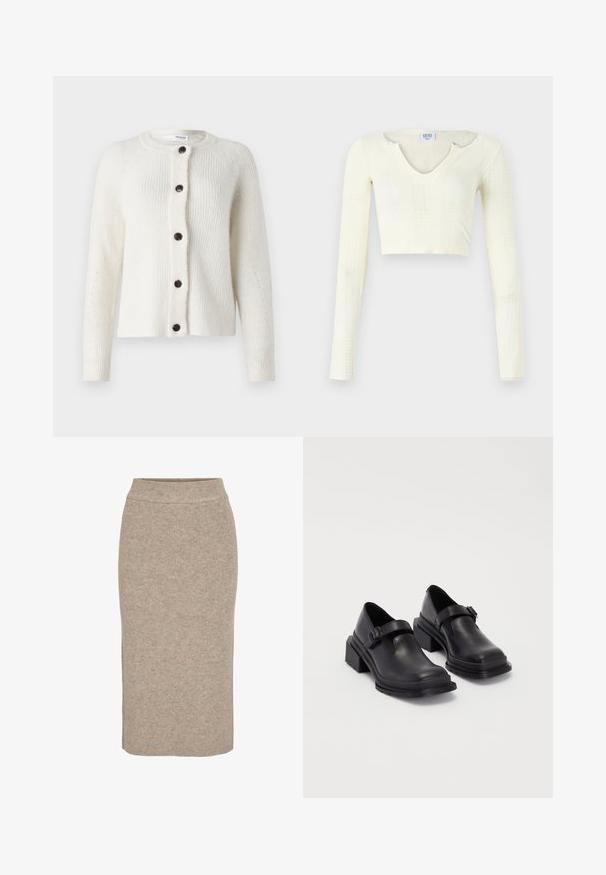 Weißer, strukturierten Cardigan mit Rundhalsausschnitt, sieben dunklen Knöpfen auf der Vorderseite und Rippendetails an Ärmeln und Körper.; Crop-Top aus cremefarbenem Strickmaterial. Lange Ärmel mit gerippter Textur und kleinen Aussparungen am Kragen.; Strick-Bleistiftrock in hellbeige, mit gerippter Textur, hohem Bund und schmaler Passform. Der Saum reicht bis unter das Knie.; Schwarze Lederhalbschuhe mit runder Zehenpartie, flacher Sohle und einem Riemen mit Schnallen-Detail. Robuster Blockabsatz für zusätzliche Stabilität.