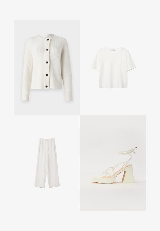 Valkoinen, teksturoitu neulecardigan, jossa on pyöreä kaula-aukko, seitsemän tummaa nappia edessä ja ribbauskoristelu hihoissa ja vartalossa.; Valkoinen lyhythihainen T-paita, joka on tehty puuvillasta. Siinä on pyöreä kaula-aukko ja rento malli. Silkkinen pinta ilman näkyviä kuvioita tai koristeita.; Valkoiset leveälahkeiset housut kevyestä kankaasta. Ominaisuuksiin kuuluu elastinen vyötärö, jossa on nauhakuuluma ja sivutaskut. Sileä rakenne.; Valkoinen korkokenkä, jossa on paksu korko, ja joka sisältää nauhakiinnityksen ja nilkkaketjun. Sujuva pinta, jossa on platform-etupohja lisäkorkeutta varten.