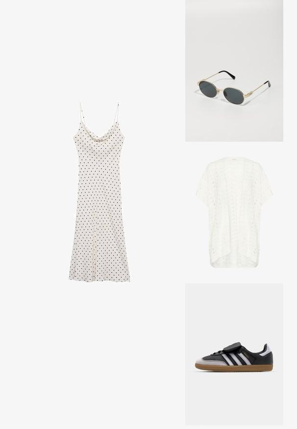 Biely pletený kardigán s vzorom v tvare chevron, voľný strih, krátke rukávy a zadný lem so zaoblením. Látka je ľahká a štruktúrovaná.; Šaty bez rukávov z jemného, ľahkého materiálu; krémové pozadie s čiernymi bodkami; zavinovací výstrih a voľný strih.; Čierne kožené a šedé semišové tenisky s bielymi pruhmi, gumovou podrážkou, šnurovaním vpredu a suchým zipsom. Obsahujú zlaté označenie "Samba".; Zlaté kovové slnečné okuliare s oválnymi šošovkami a tmavými tónovanými sklami. Čierne acetátové konce na ramenách. Názov značky "QUAY" na boku.